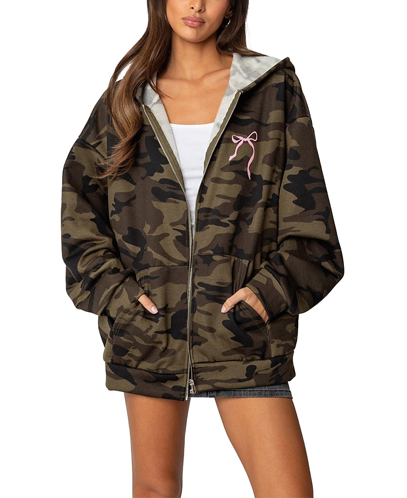 Shop Edikted Camo Oversized Bow Detail Hoodie In Olive