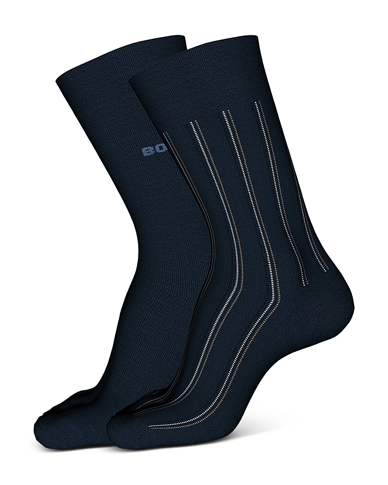 Hugo Boss Pinstripe Logo Crew Socks, Pack Of 2 In Dark Blue