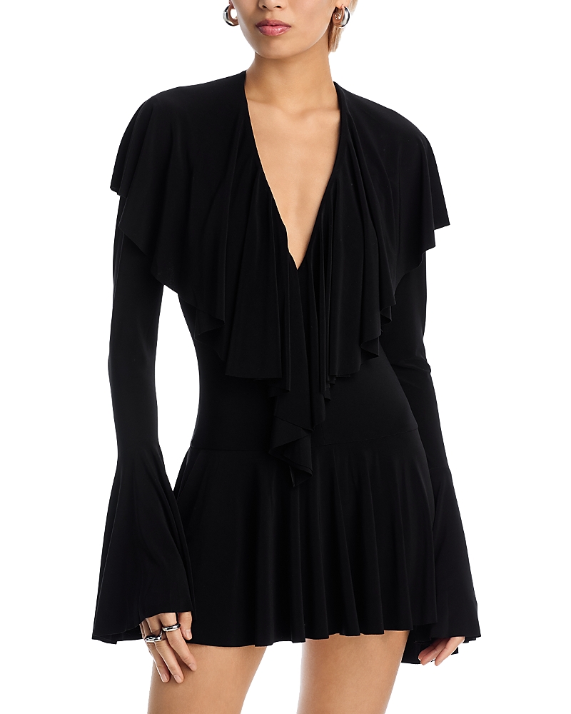 Norma Kamali Long Sleeve Deep V Ruffle Mini Dress Dresses Black