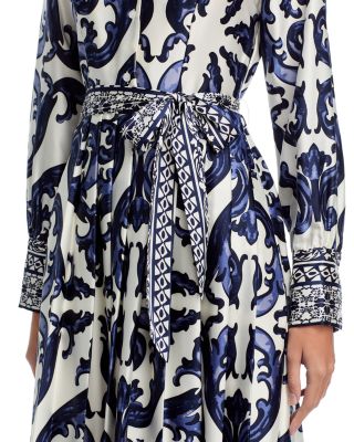 Floral Long Sleeve Lapel Collar Tie Belt Dress