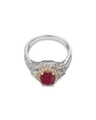 Ruby & Diamond Oval Halo Ring in 14K Yellow & White Gold