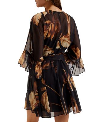 Printed Tie Waist Frill Sleeve Mini Dress