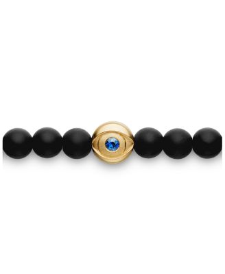 Men's Spiritual Beads Evil Eye Bracelet with Black Onyx, Sapphire and 18K Yellow Gold, 4mm