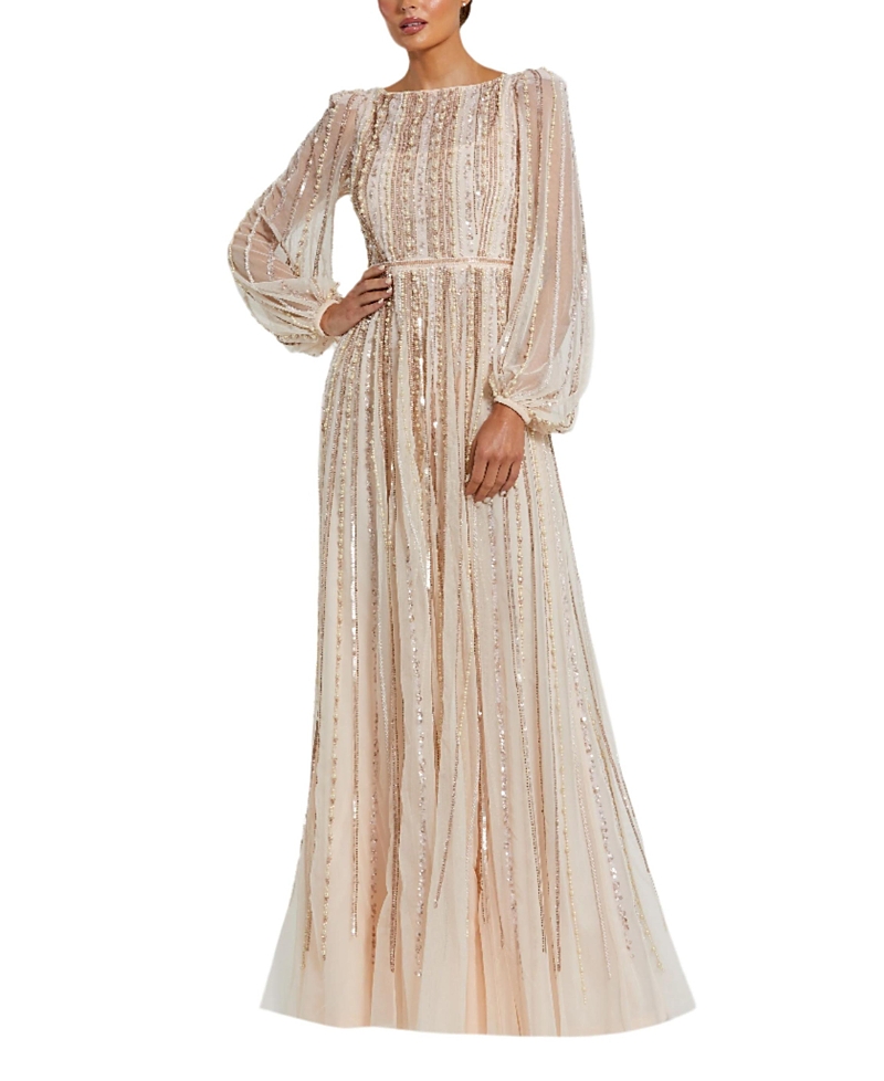 Mac Duggal Boat Neck Long Sleeve Gown With Striped Beading In Peach
