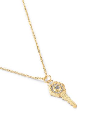 14K Yellow Gold Medallions Diamond Hexagon Key Pendant Necklace