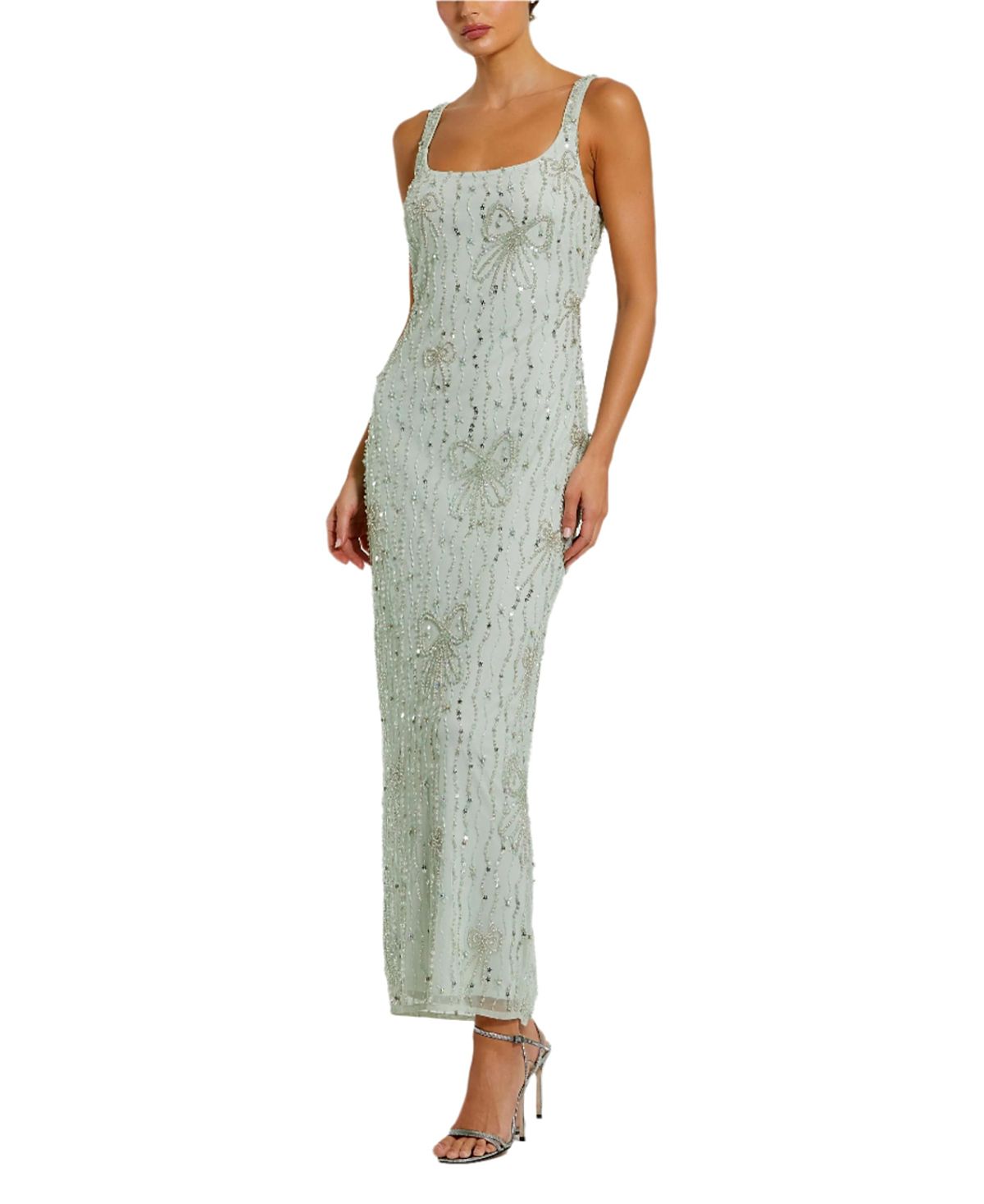 Mac Duggal Beaded Mesh Scoop Neck Fitted Gown with Bows