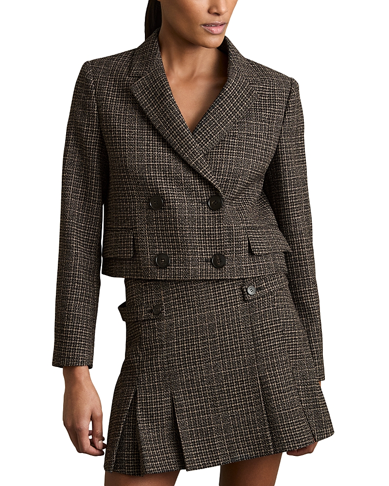 Reiss Vienna Cropped Textured Blazer In Brown Check