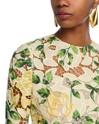 Long Sleeve Printed Garden Rose Guipure Dress