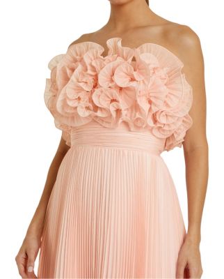 Pleated Chiffon Strapless Gown with Ruffles