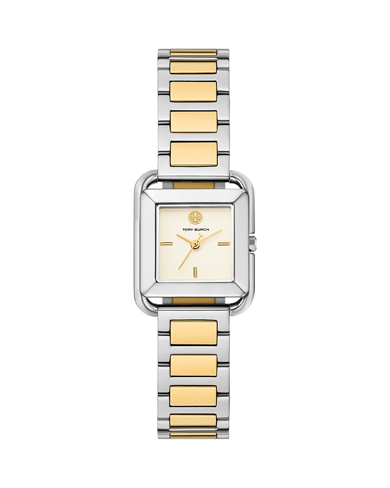 Tory Burch Women's The Kira Square Two-tone Stainless Steel Bracelet Watch 18mm In White/two Tone