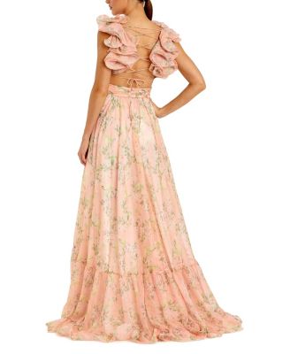 Women's Ruffle Tiered Floral Cut-Out Chiffon Gown