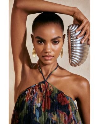 Metallic Knit Pleat Floral Halter Midi Dress - Exclusive