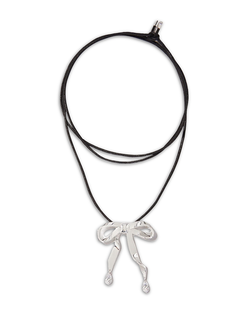Shop Maje Polished Silver Bow & Crystal Long Cord Pendant Necklace, 44.1