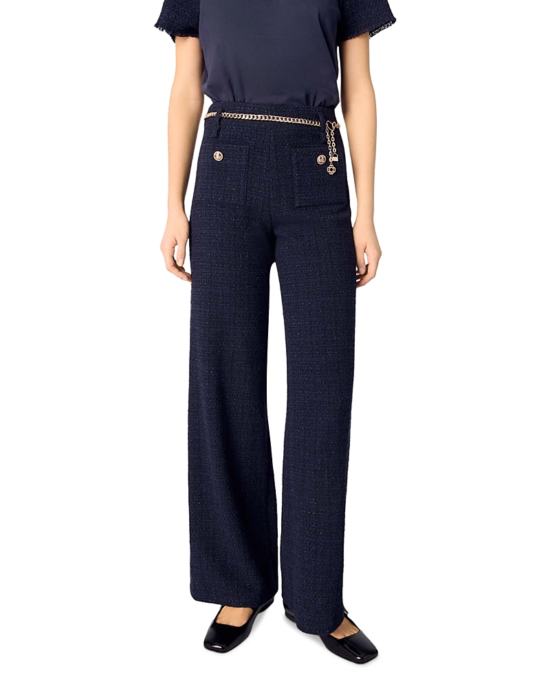 Maje Tweed Wide-leg Trousers In Navy