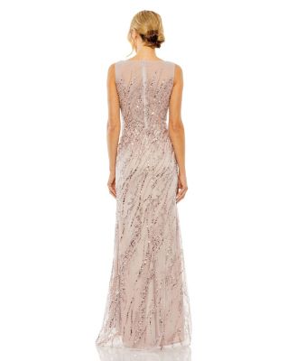  Sleeveless High Neck Sequin Beaded Gown