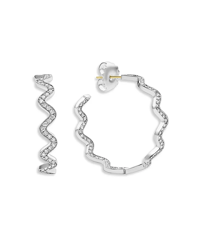 Lagos Sterling Silver Caviar Spark Diamond Wavy Medium Hoop Earrings