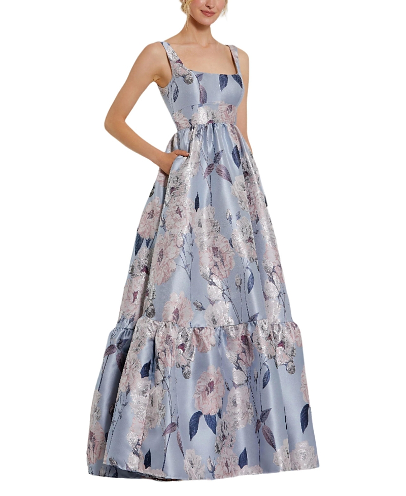 Mac Duggal Brocade Scoop Neck Sleeveless Floral Gown In Blue Multi