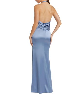 Fitted Satin Sleeveless Halter Gown with 3D Flower