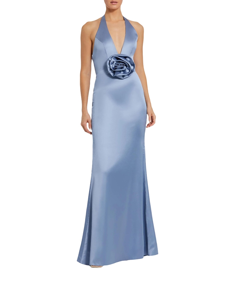 Mac Duggal Fitted Satin Sleeveless Halter Gown With 3d Flower In Slate Blue