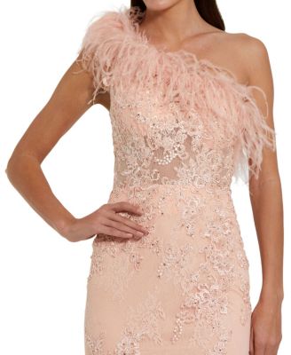 One Shoulder Feather Embellished Mermaid Gown