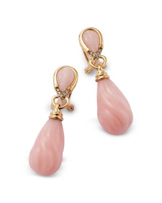 Pink Opal & Diamond Drop Earrings in 14K Yellow Gold