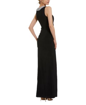 Jersey Sleeveless Beaded Neck Gown with Twist