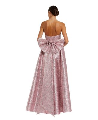 Metallic Strapless Brocade Gown With Oversized Bow