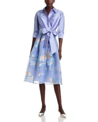 Teri Jon by Rickie Freeman - Textured Taffeta Floral Jacquard Shirt Dress