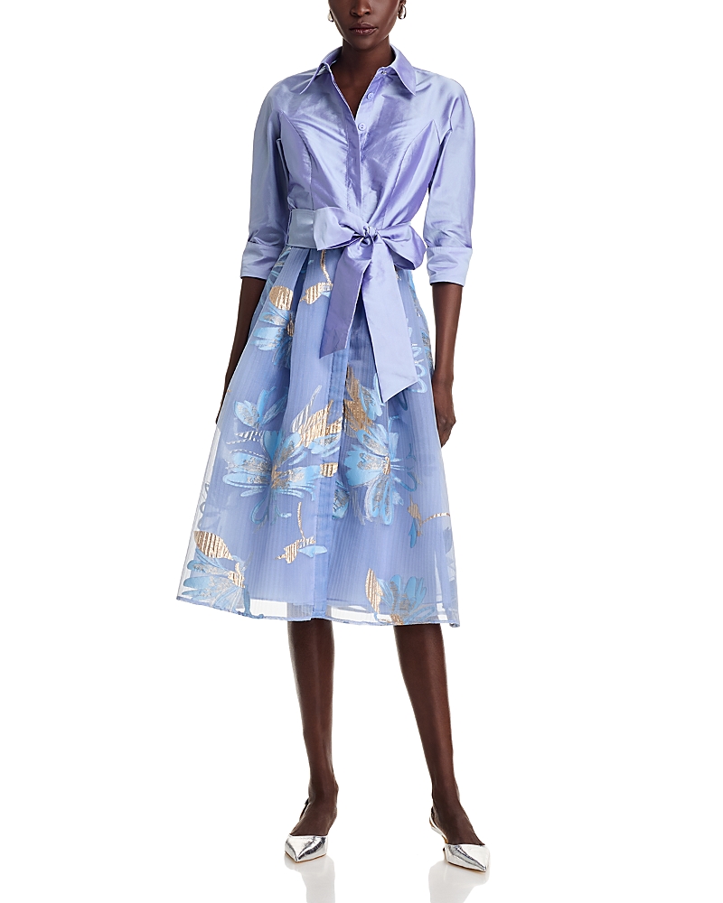 Teri Jon by Rickie Freeman Textured Taffeta Floral Jacquard Shirt Dress