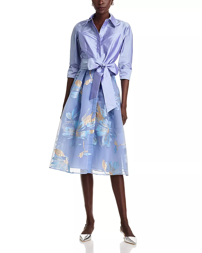 Teri Jon by Rickie Freeman Textured Taffeta Floral Jacquard Shirt Dress
