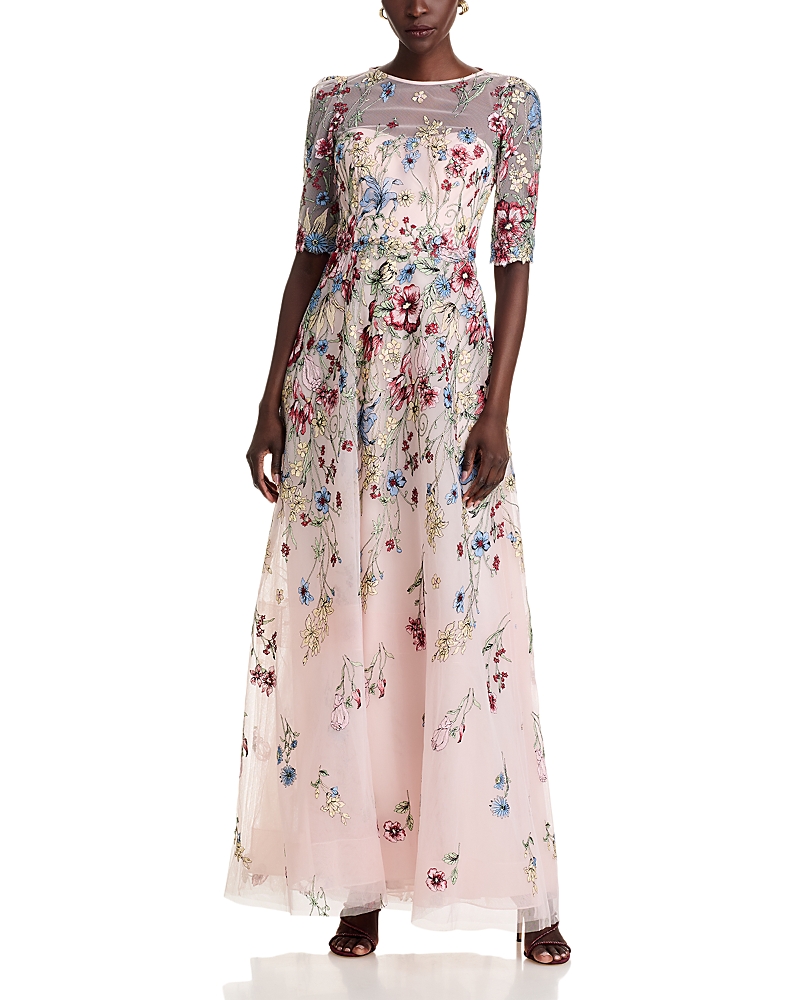 Teri Jon By Rickie Freeman Floral Embroidered Tulle Gown In Blush Multi