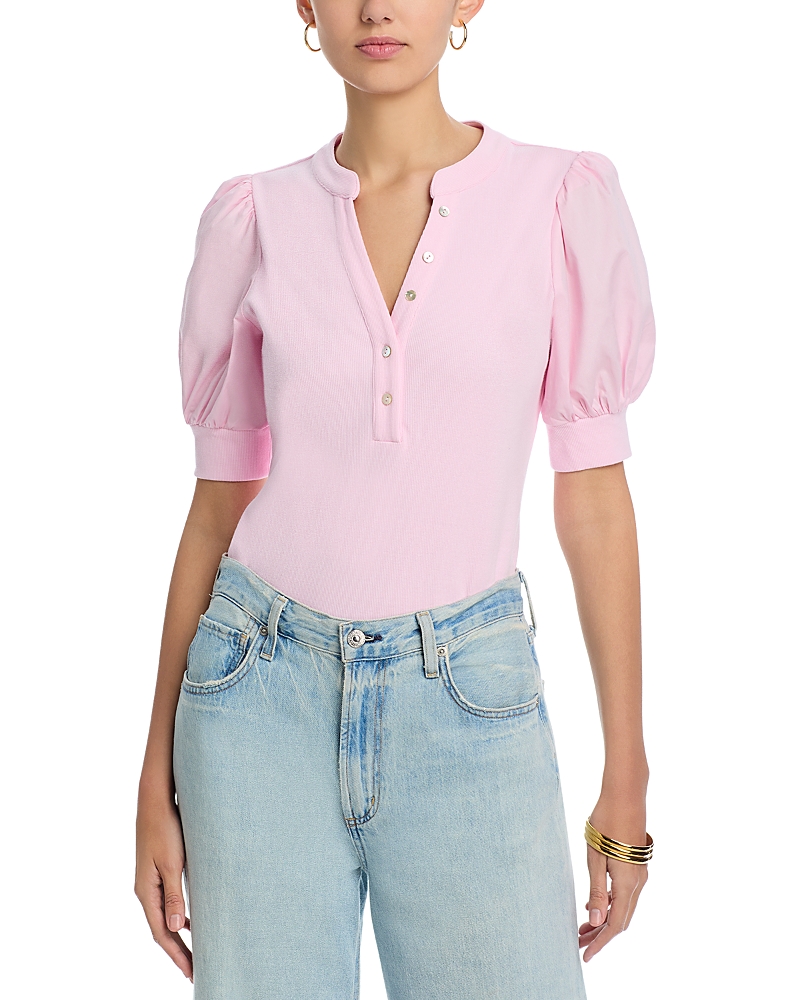 Single Thread Puff Sleeve Henley Top In Ballerina