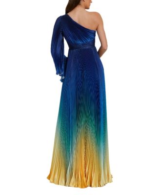 Pleated Charmeuse One Long Flare Sleeve Gown