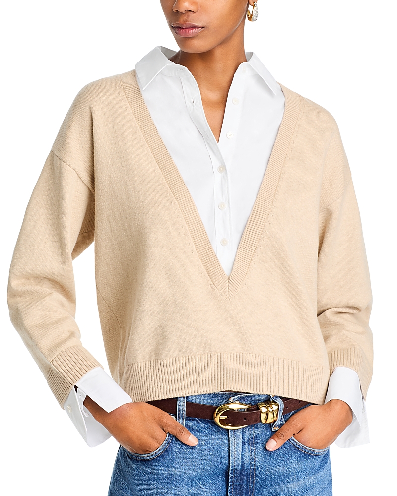 Derek Lam 10 Crosby Rida Long-sleeve Deep-v Mixed-media Sweater In Safari/white