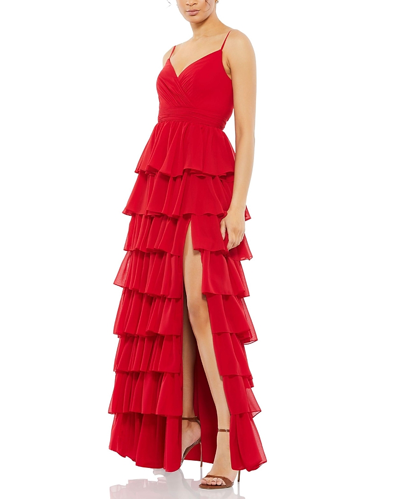 Mac Duggal Tiered Ruffle Empire Waist Chiffon Gown In Red