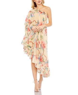 Mac Duggal Floral Print One Shoulder Cape Dress