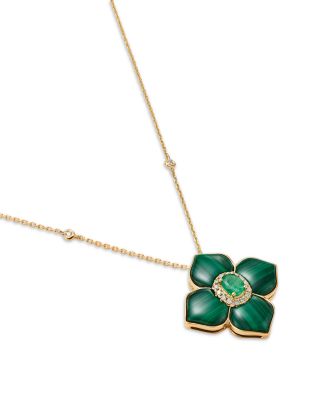 Emerald, Malachite &amp; Diamond Flower Pendant Necklace in 14K Yellow Gold, 18&amp;quot;