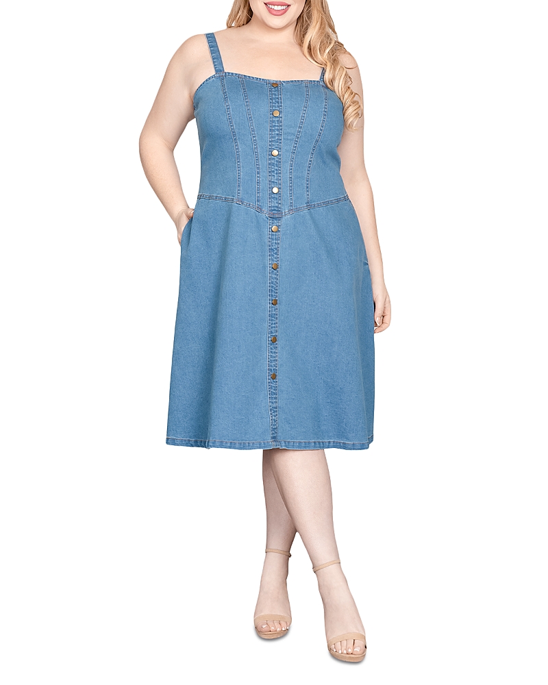 Standards & Practices Wide Straps Button Front Denim Dress In Blue Blast