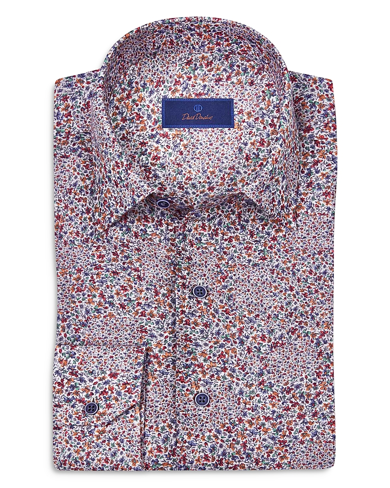 David Donahue Regular Fit Micro Floral Print Linen Sport Shirt In Berry/multi