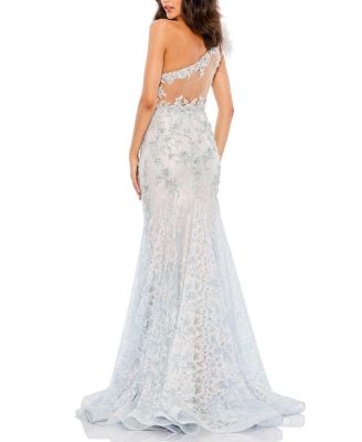 Embroidered Applique Feathered One Shoulder Gown