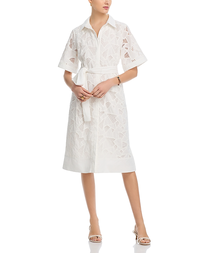 T Tahari Short Sleeve Eyelet Dress In White Star
