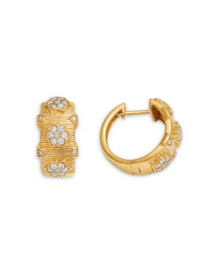 Diamond Huggie Hoops Earrings with Flowers in 14K Yellow Gold, 0.5 tcw