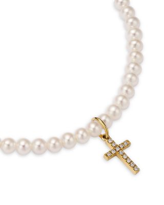 14K Yellow Gold Diamond Small Cross Charm Freshwater Pearl Beaded Bracelet, 0.06 tcw