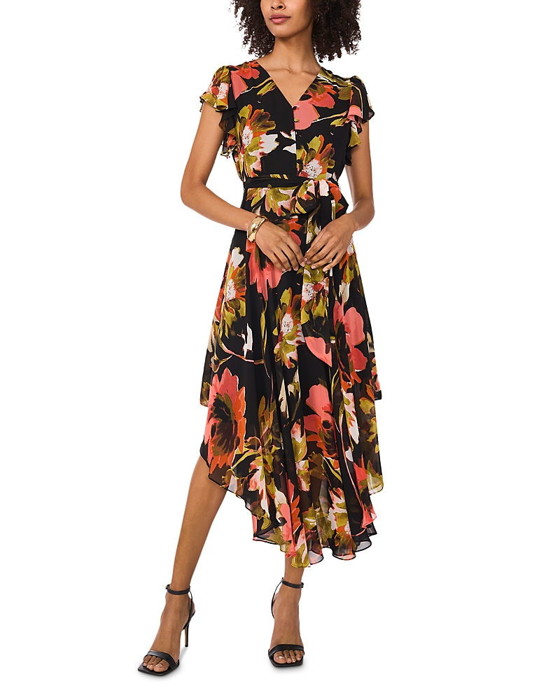 Vince Camuto Floral Print Flutter Sleeve Asymmetric Midi Dress In Coral
