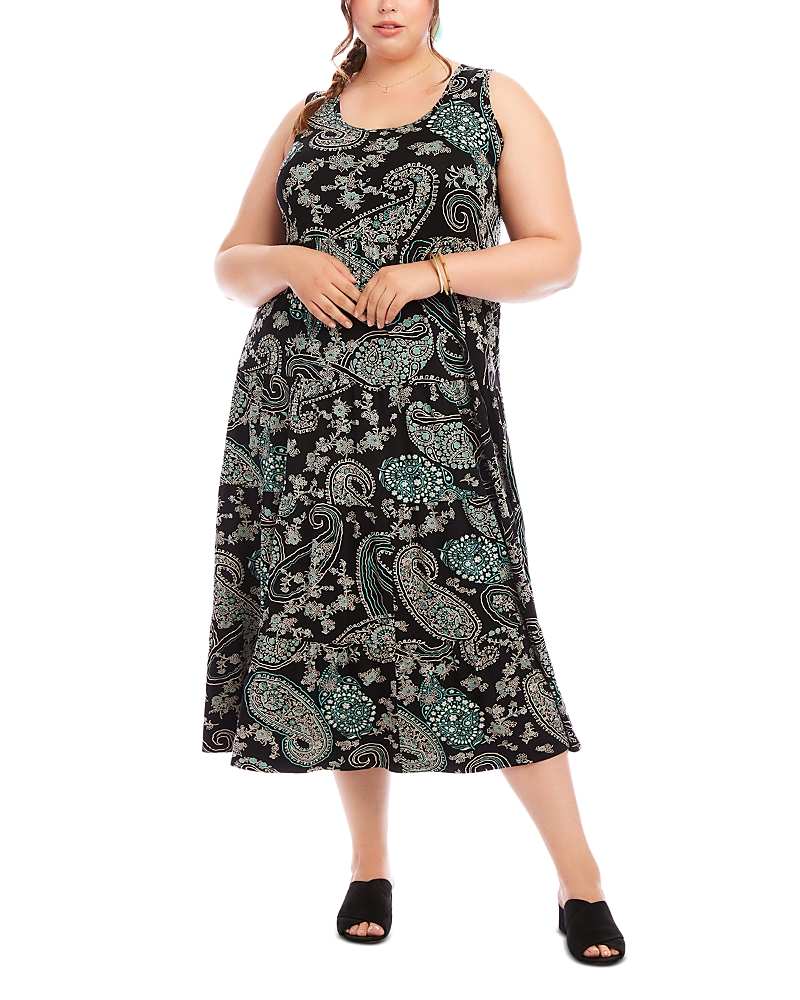 Karen Kane Sleeveless Midi Dress In Aqua Color Paisley Print On Black In Paisley