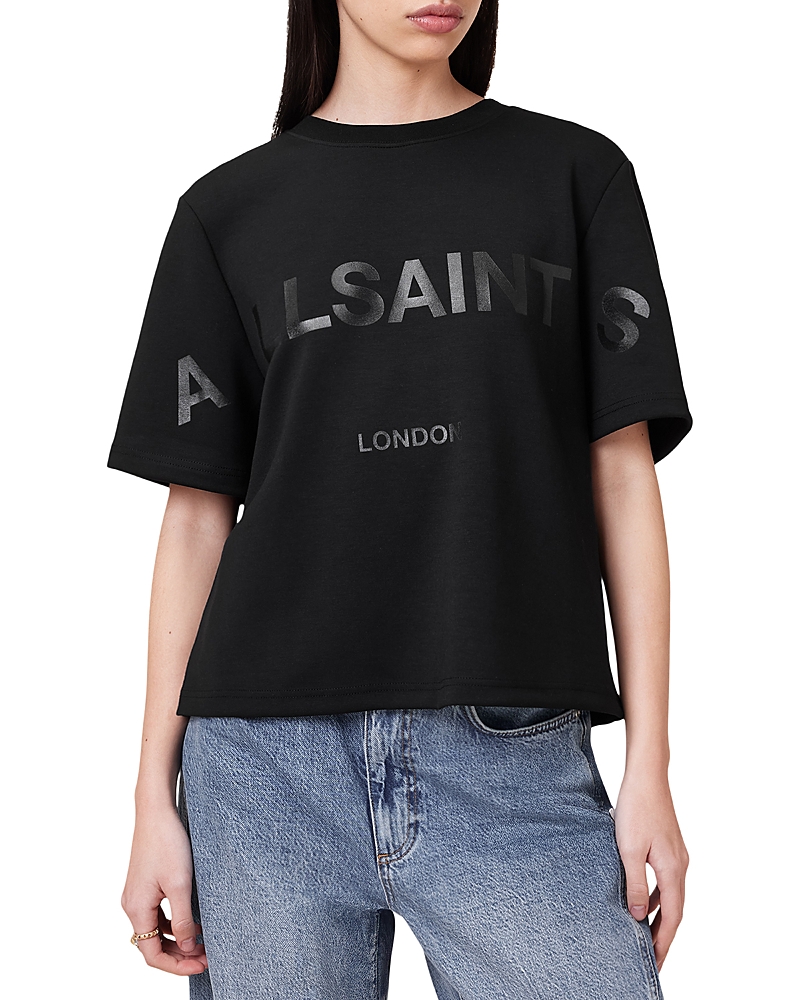 Allsaints Womens Black Lisa Logo-print Relaxed-fit Organic-cotton T-shirt In Black