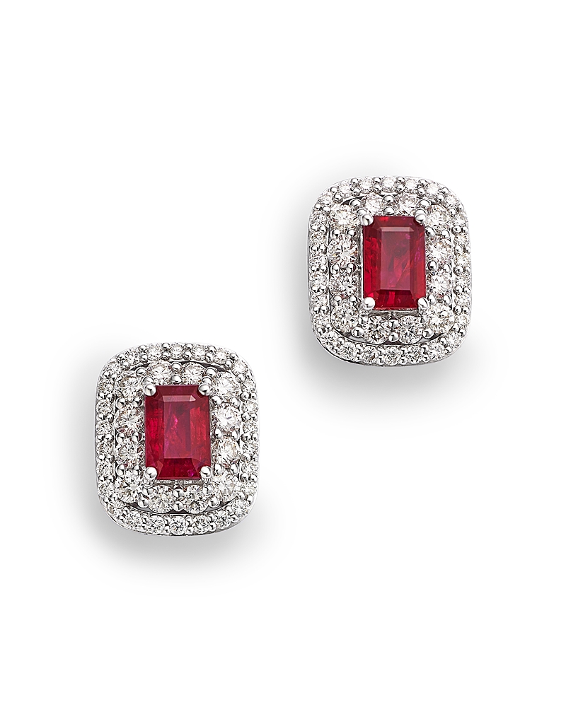 Bloomingdale's Fine Collection Ruby & Diamond Double Halo Statement Stud Earrings In 14k White Gold In Red/white Gold