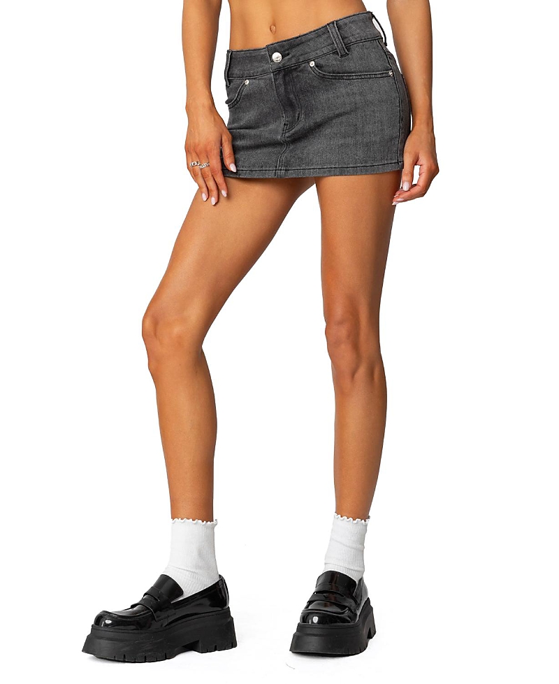 Shop Edikted Bev Stretchy Denim Micro Skirt In Black Washed