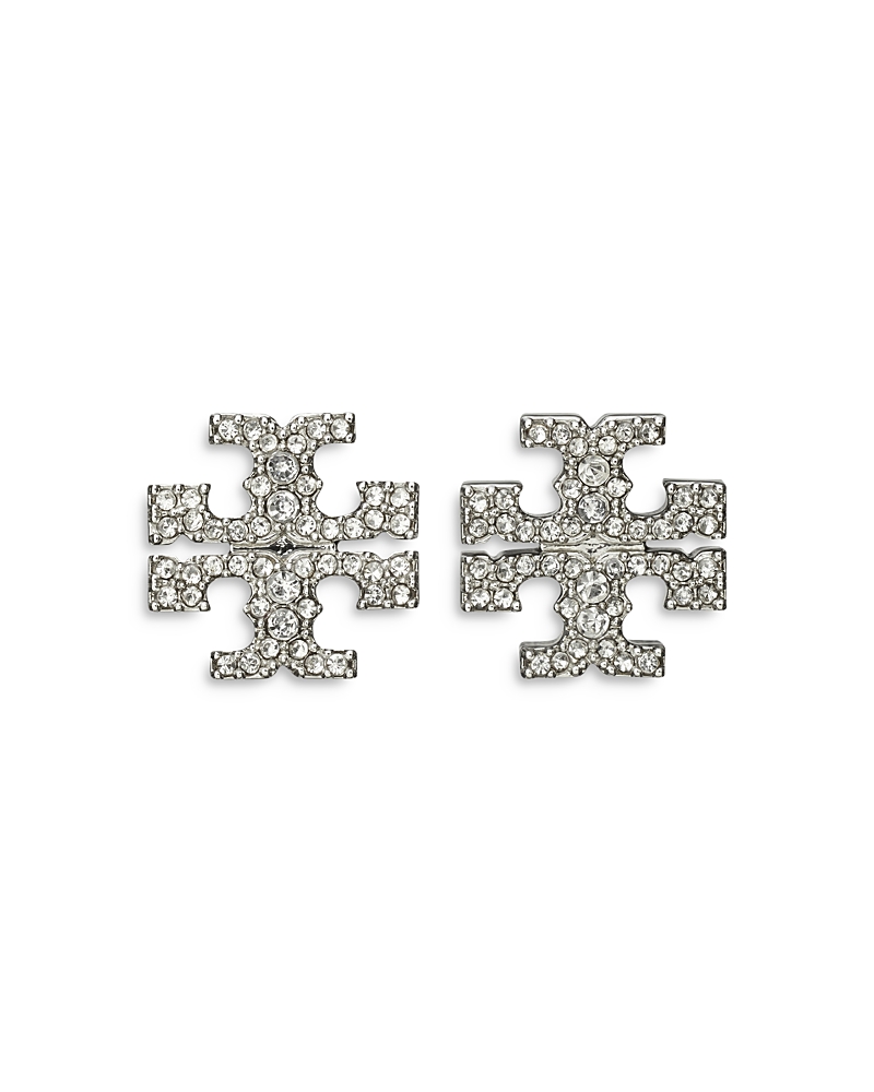 Tory Burch Kira Pave Double T Stud Earrings In Gold Tone In Silver