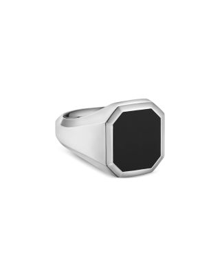 Men's Streamline Signet Ring in Sterling Silver with Black Onyx, 18mm